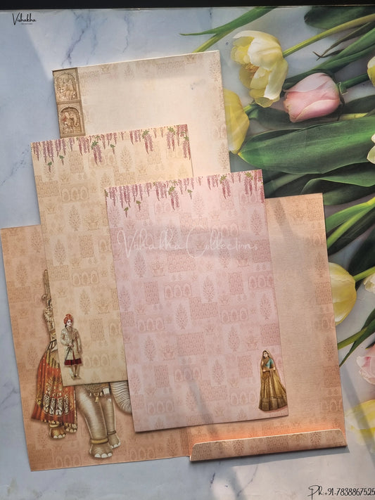 Semi Box Hathi Dulah Dulhan Hindu Peach Colored wedding invitation Cards GS-4841