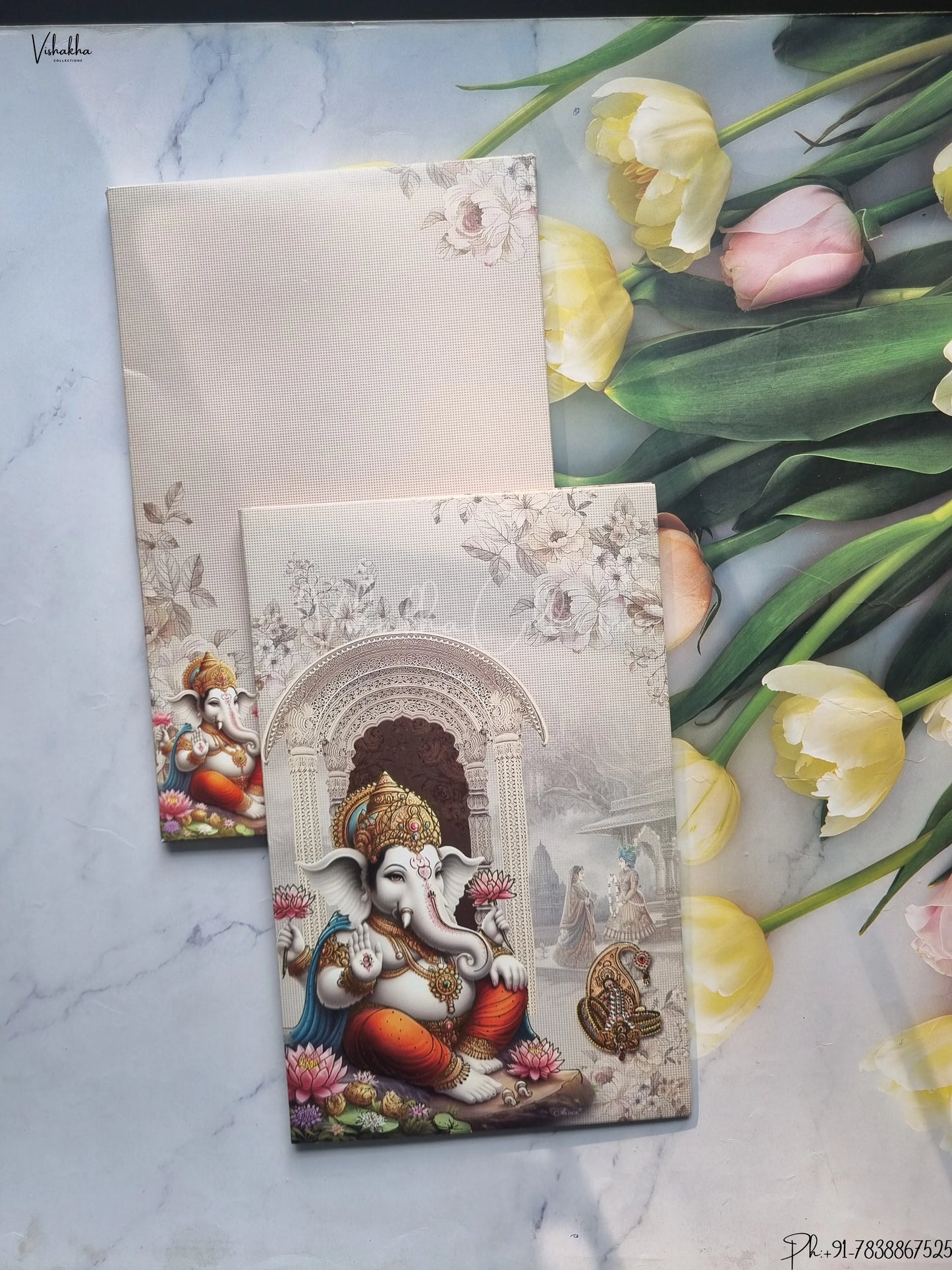 Semi Box Ganesh Ji Flower Hindu Grey Colored wedding invitation Cards GS-4842