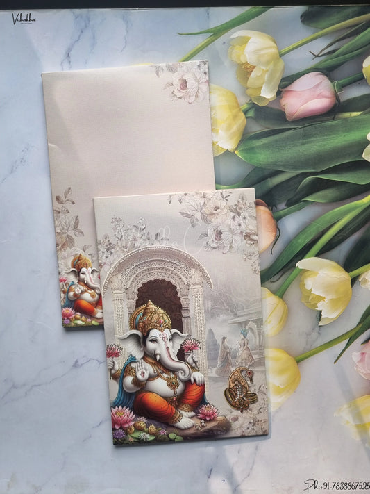 Semi Box Ganesh Ji Flower Hindu Grey Colored wedding invitation Cards GS-4842