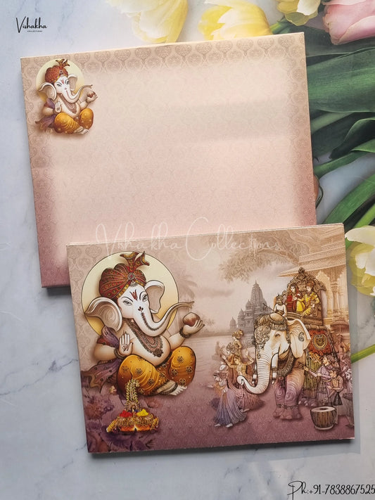 Barat Semi Box Hathi Ganesh Ji Hindu Light Purple And Brown Colored wedding invitation Cards GS-4844