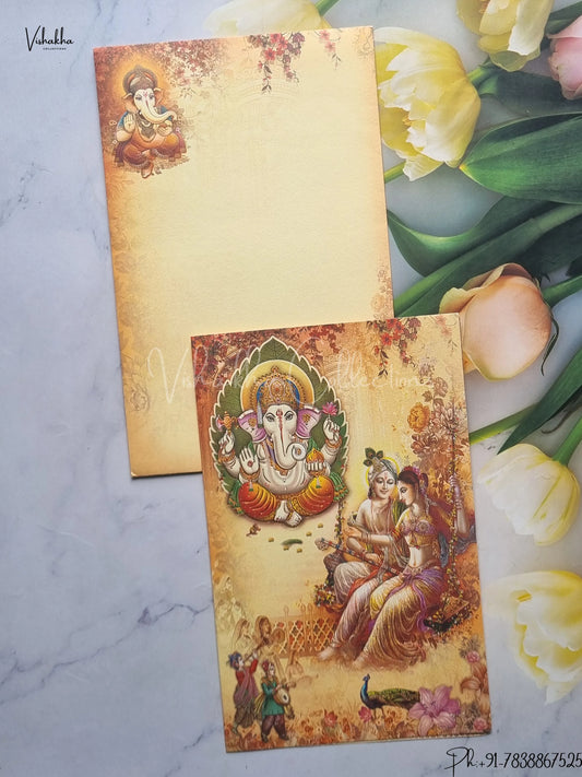 Radha Krishna Ganesh Ji Hindu Light Yellow Colored wedding invitation Cards GS-5002