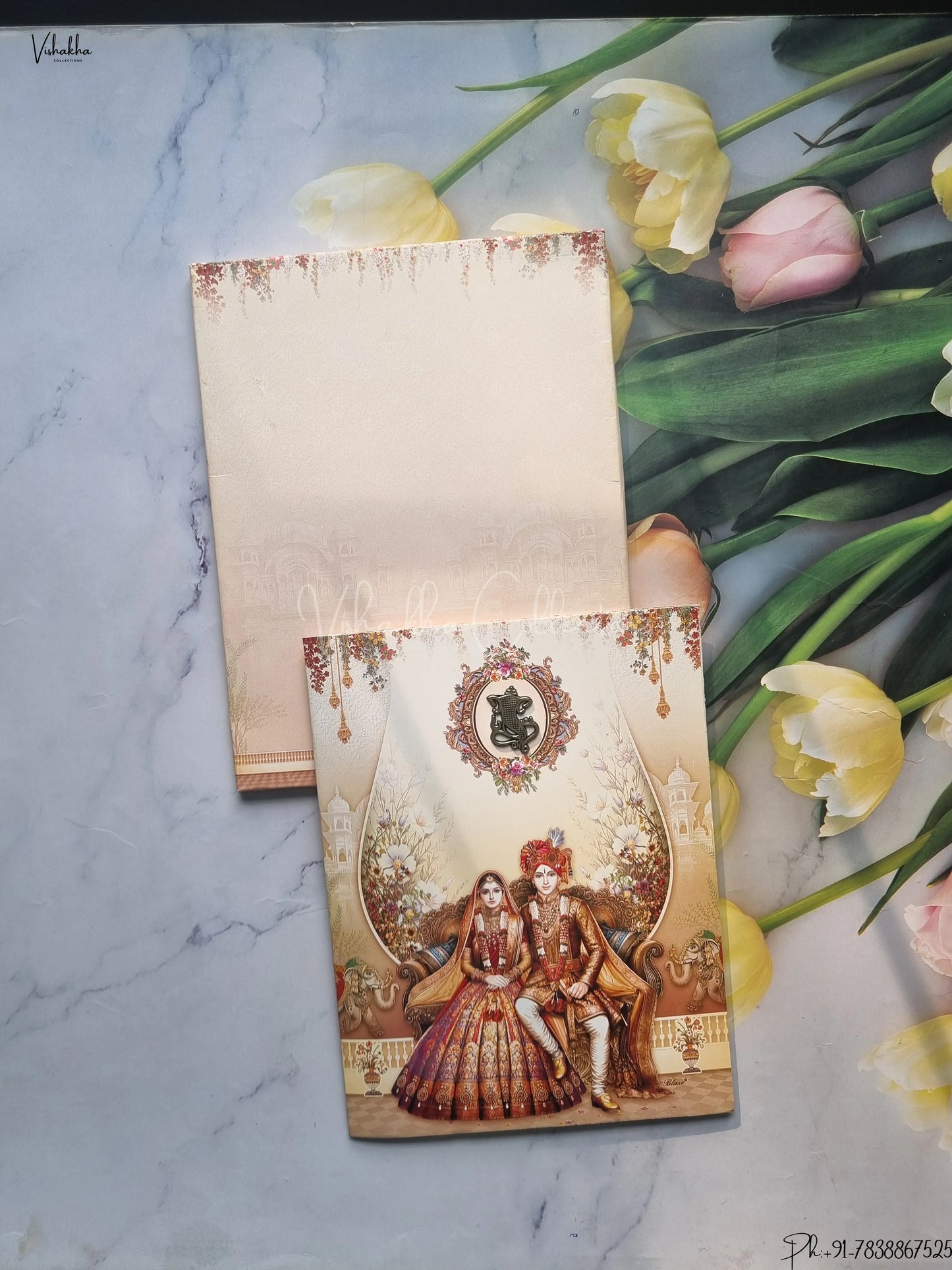 Semi Box Flower Hindu Muslim Christian Jain Sikh White And Mehndi Green Colored wedding invitation Cards GS-5007