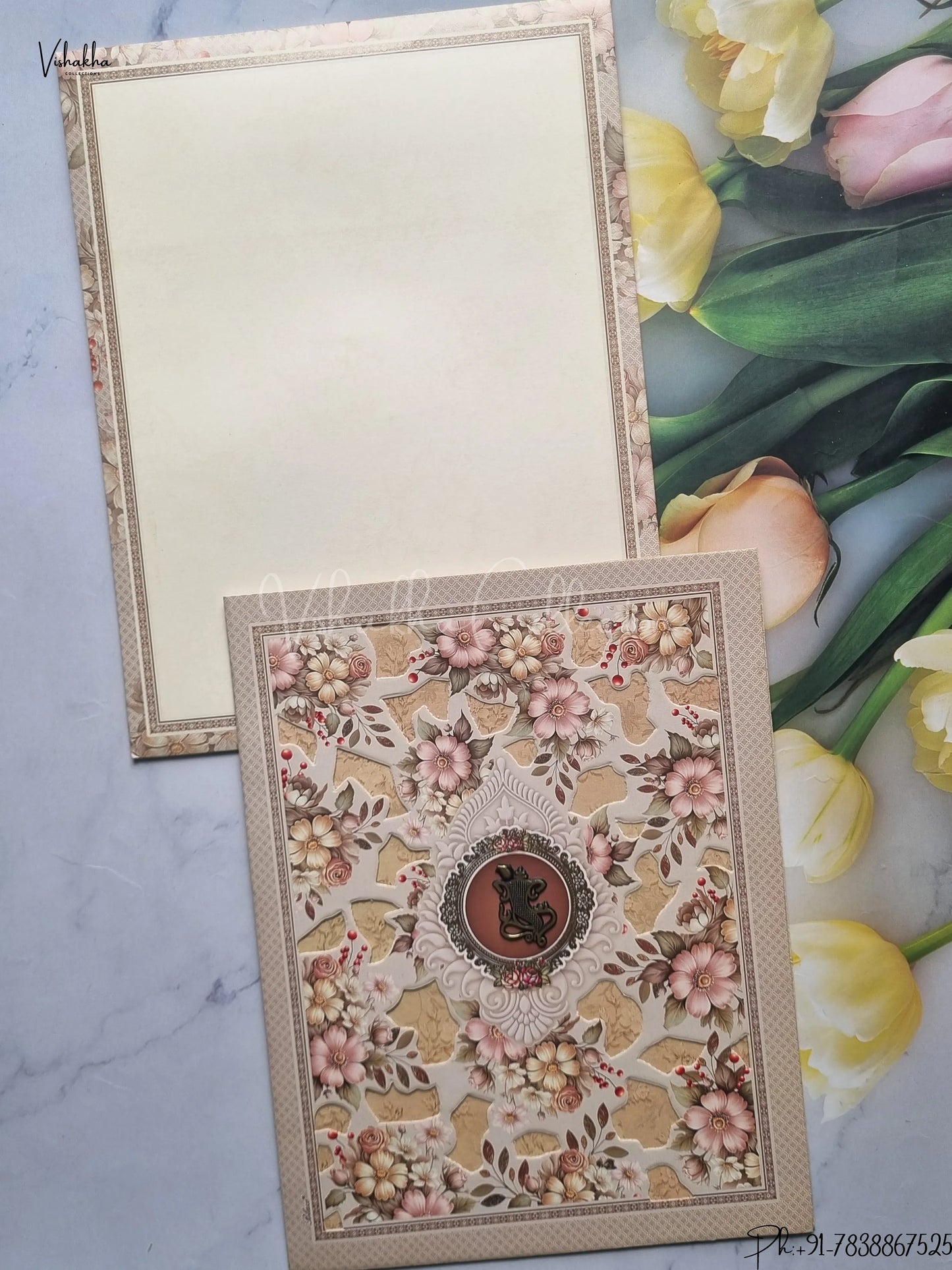 Semi Box Flower Hindu Muslim Christian Jain Sikh Light Brown Colored wedding invitation Cards GS-5009