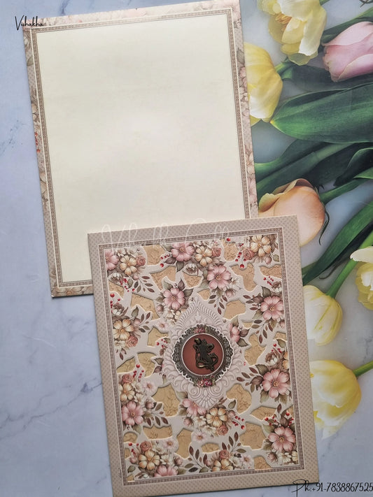Semi Box Flower Hindu Muslim Christian Jain Sikh Light Brown Colored wedding invitation Cards GS-5009