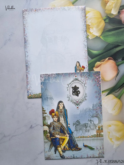 Ganesh Ji Dulah Dulhan Hindu Greyish Blue Colored wedding invitation Cards GS-5013