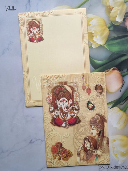 Ganesh Ji Dulah Dulhan Hindu Light Yellow Colored wedding invitation Cards GS-5020