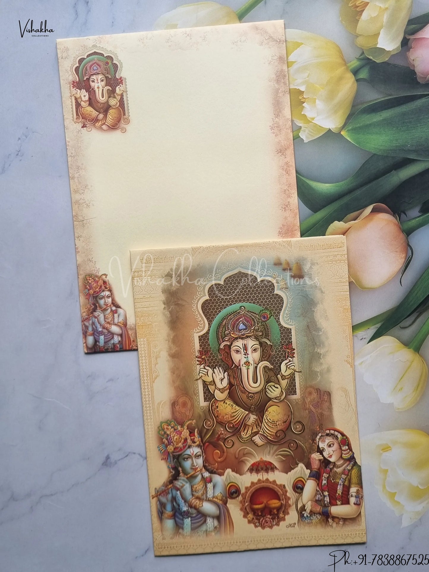 Radha Krishna Ganesh Ji Hindu Light Brown Colored wedding invitation Cards GS-5021