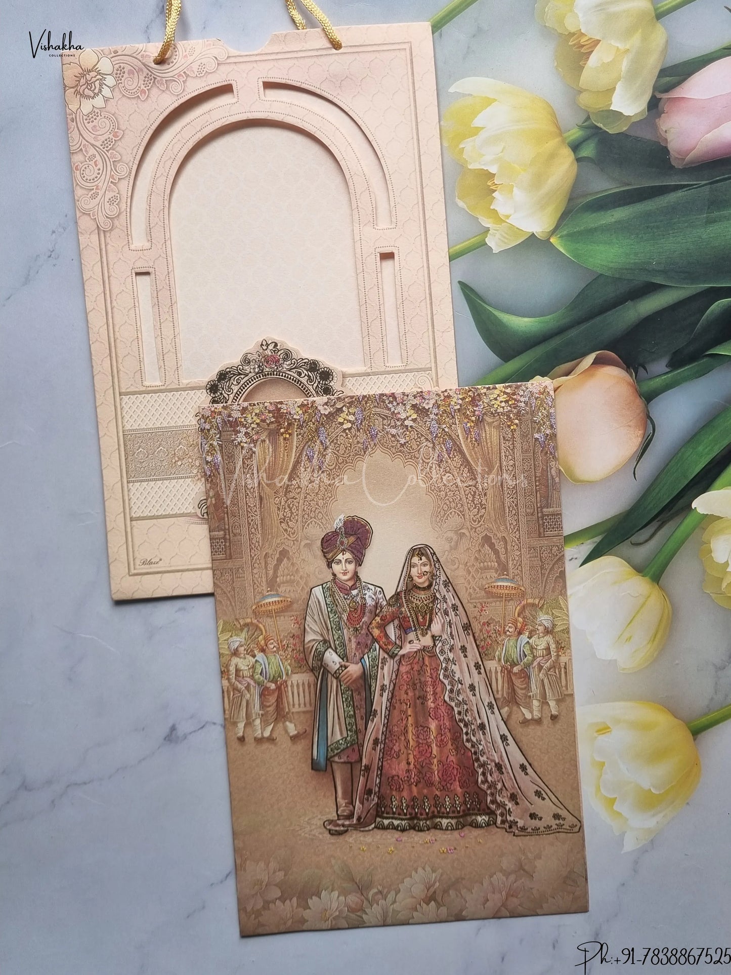 Semi Box Dulah Dulhan Hindu Jain Sikh Carry Bag Peach Colored wedding invitation Cards GS-5025