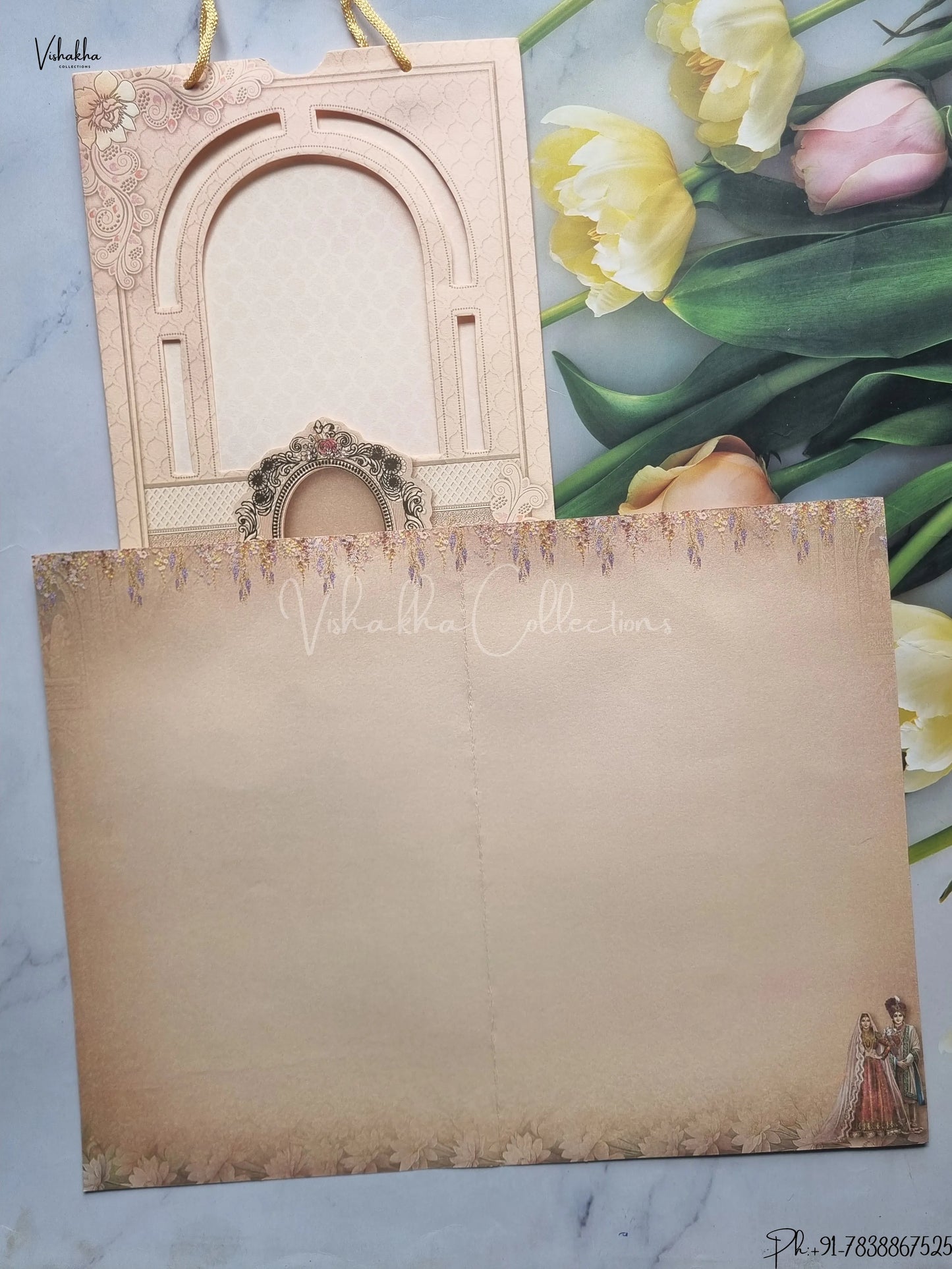Semi Box Dulah Dulhan Hindu Jain Sikh Carry Bag Peach Colored wedding invitation Cards GS-5025