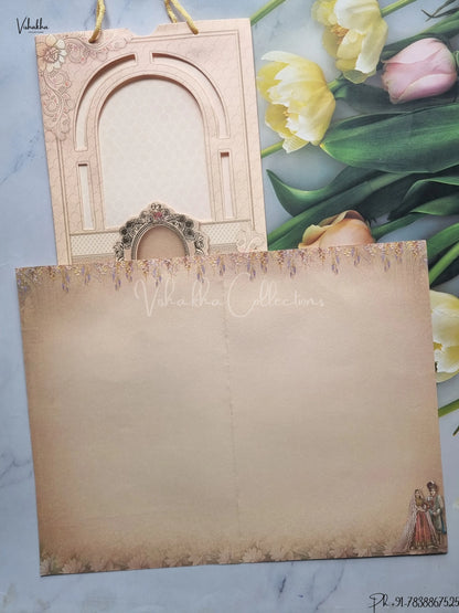 Semi Box Dulah Dulhan Hindu Jain Sikh Carry Bag Peach Colored wedding invitation Cards GS-5025