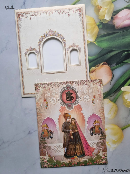 Hathi Ganesh Ji Dulah Dulhan Hindu Light Brown And Multicolor Colored wedding invitation Cards GS-5031