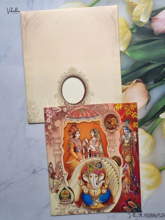 Radha Krishna Ganesh Ji Dulah Dulhan Hindu Light Brown And Multicolor Colored wedding invitation Cards GS-5034