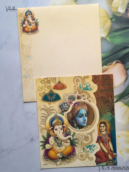 Radha Krishna Peacock Ganesh Ji Hindu Light Brown And Blue Colored wedding invitation Cards GS-5035
