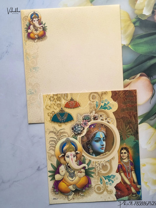 Radha Krishna Peacock Ganesh Ji Hindu Light Brown And Blue Colored wedding invitation Cards GS-5035