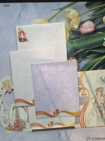 Radha Krishna Semi Box Ganesh Ji Hindu Cream Multicolor Colored wedding invitation Cards GS-5037