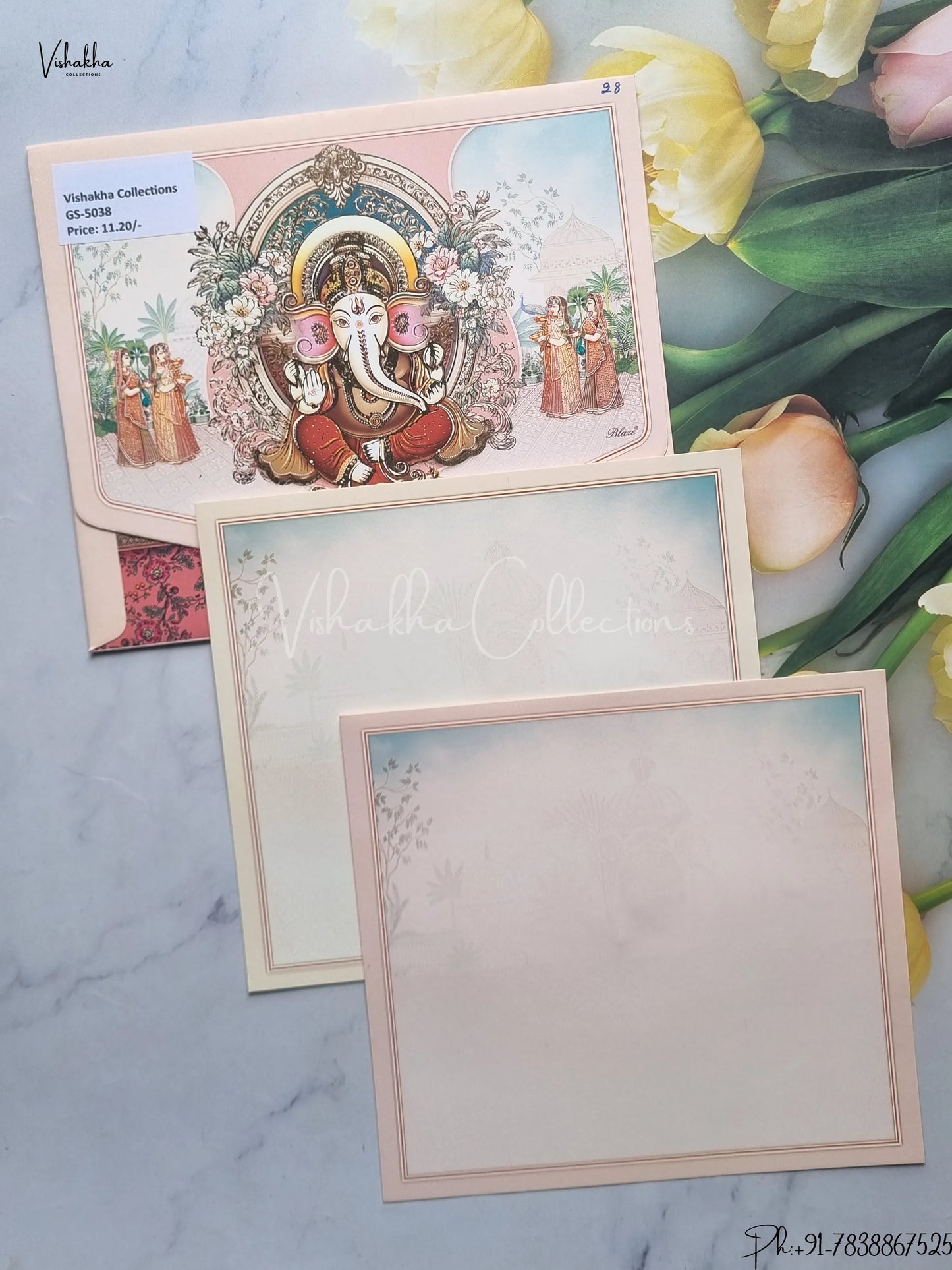 Ganesh Ji Hindu Peach With Multicolor Colored wedding invitation Cards GS-5038