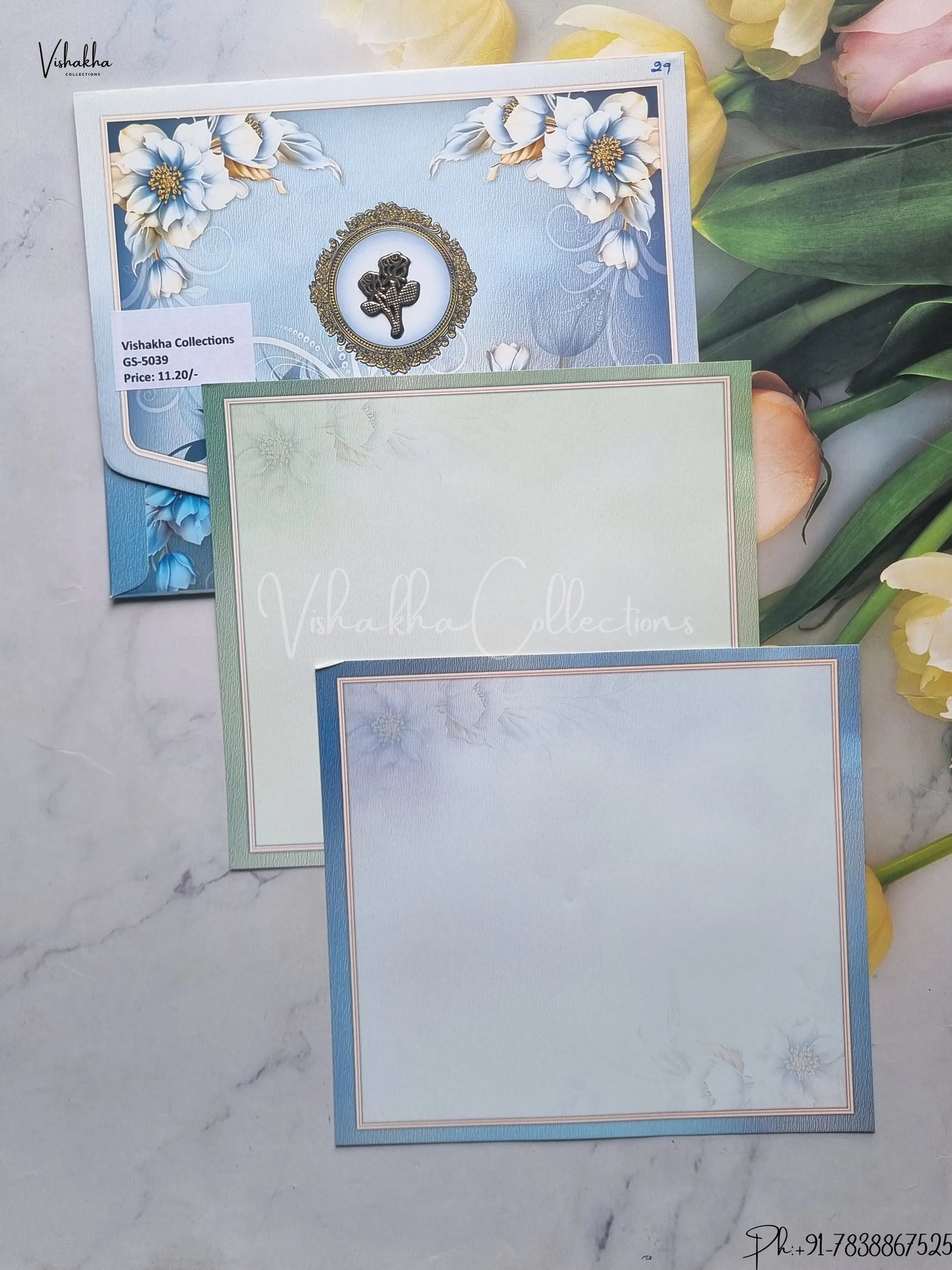 Flower Hindu Muslim Christian Jain Sikh Blue Colored wedding invitation Cards GS-5039