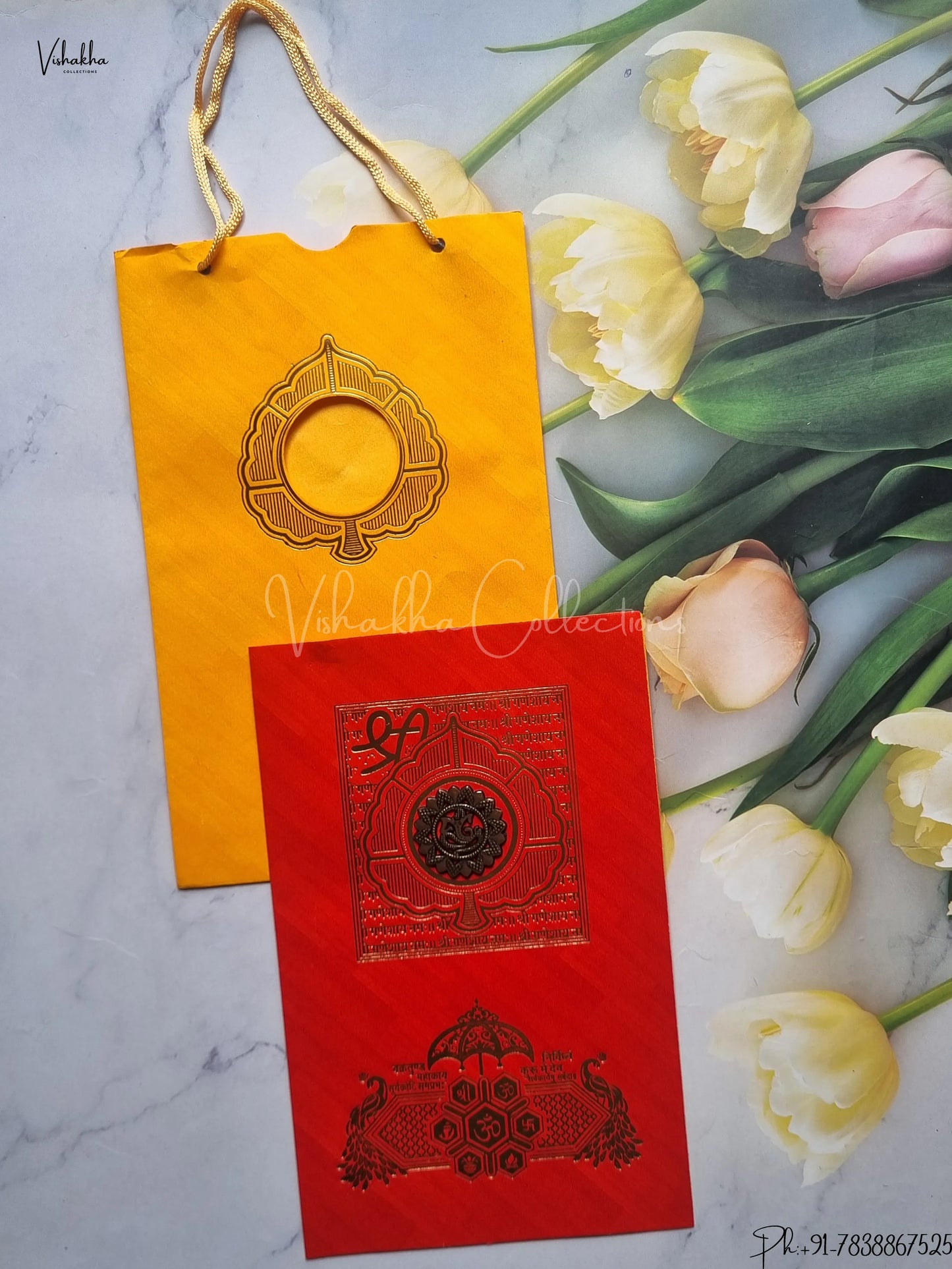 Peacock Ganesh Ji Hindu Carry Bag Red And Yellow Colored wedding invitation Cards GS-7
