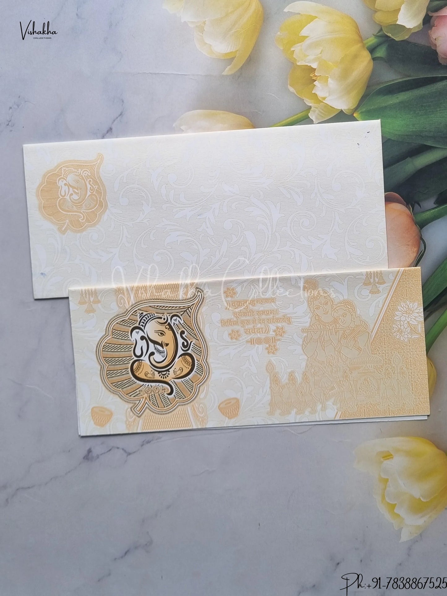 Radha Krishna Ganesh Ji Hindu Cream And Pale Yellow Colored wedding invitation Cards GS-75