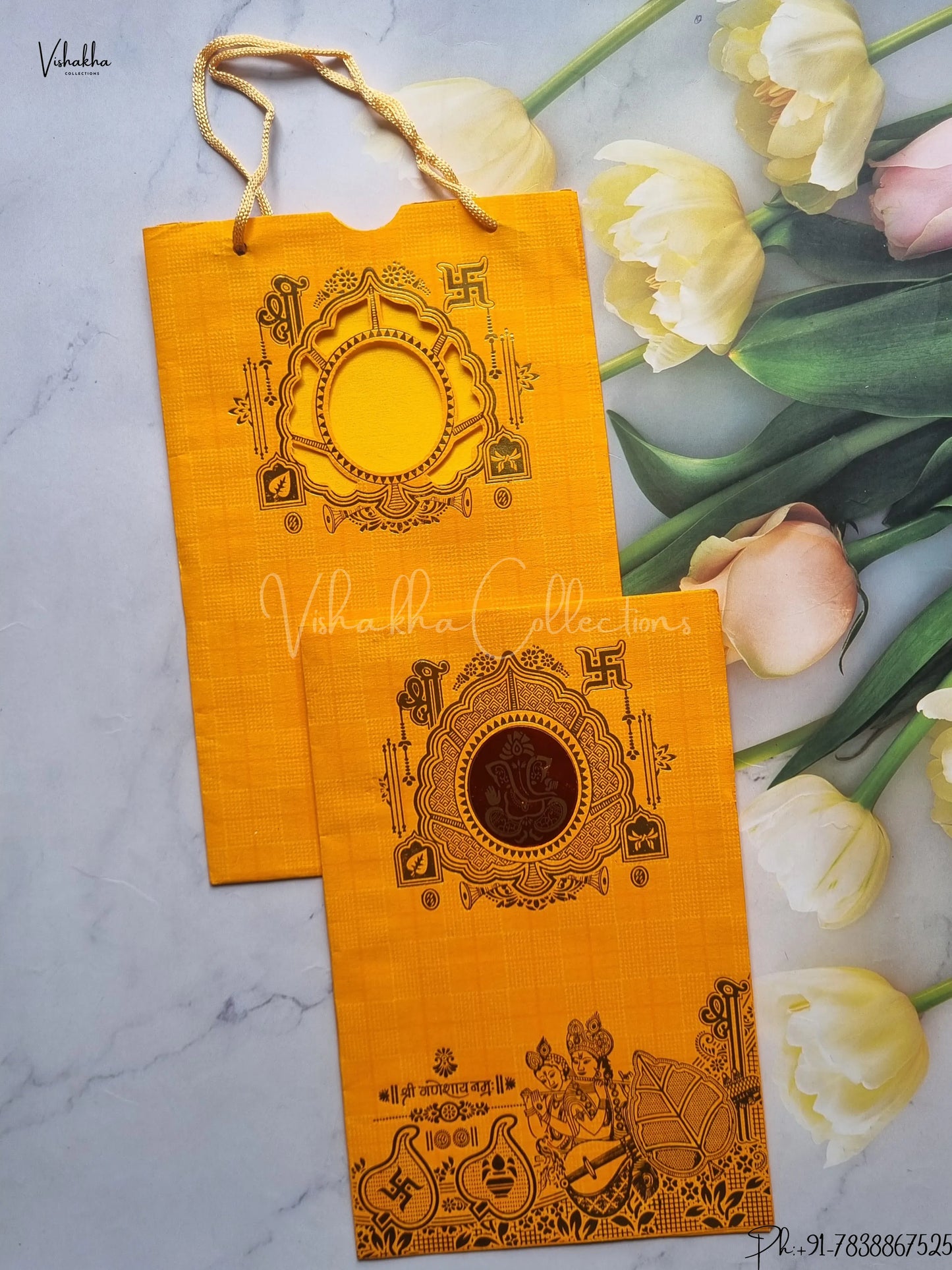 Ganesh Ji Hindu Carry Bag Yellow Colored wedding invitation Cards GS-8