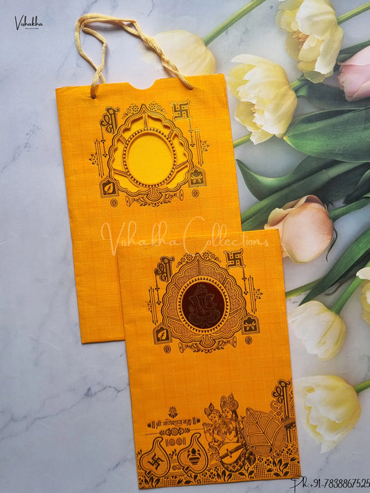 Ganesh Ji Hindu Carry Bag Yellow Colored wedding invitation Cards GS-8
