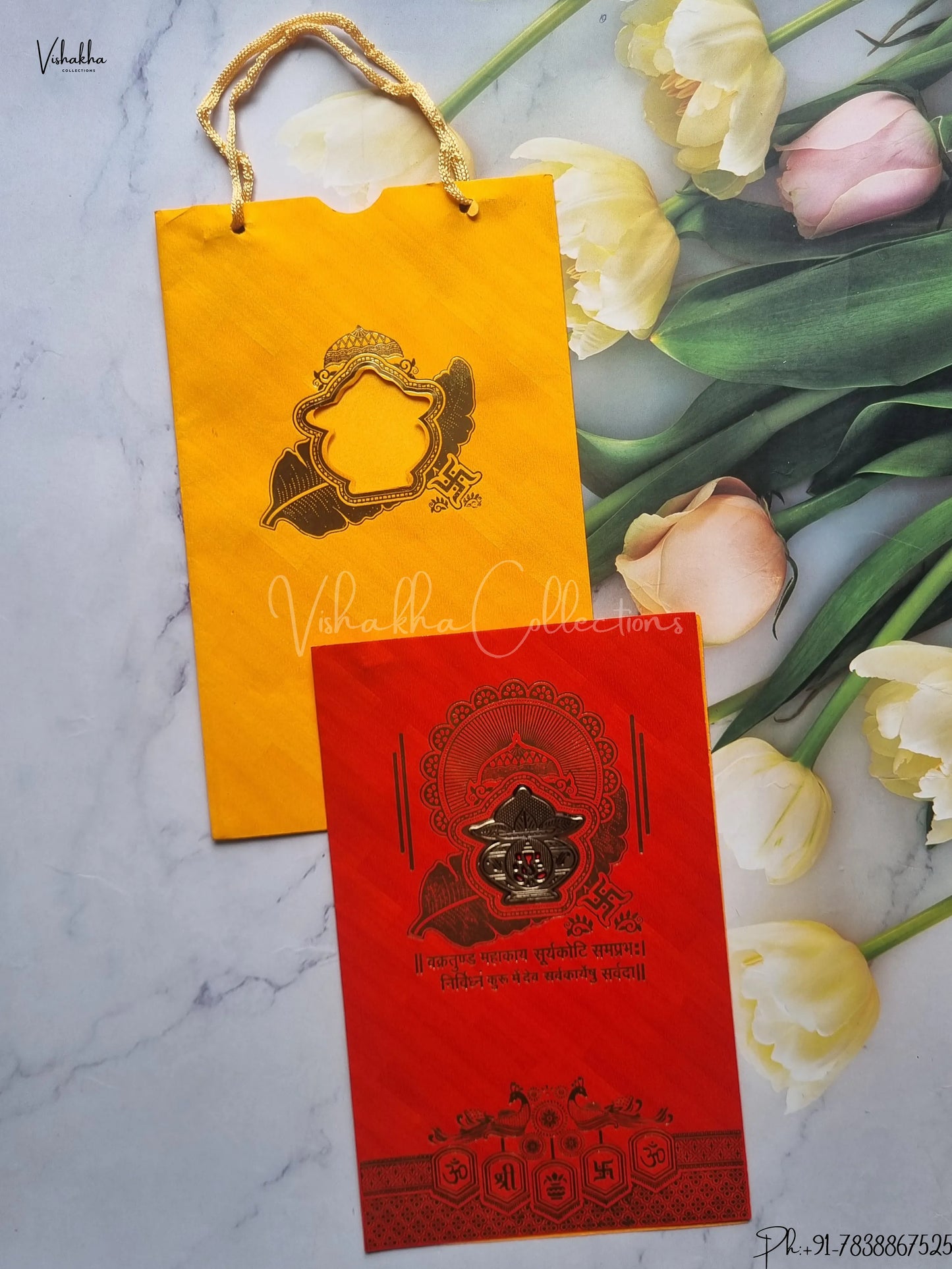 Ganesh Ji Hindu Carry Bag Red And Yellow Colored wedding invitation Cards GS-9