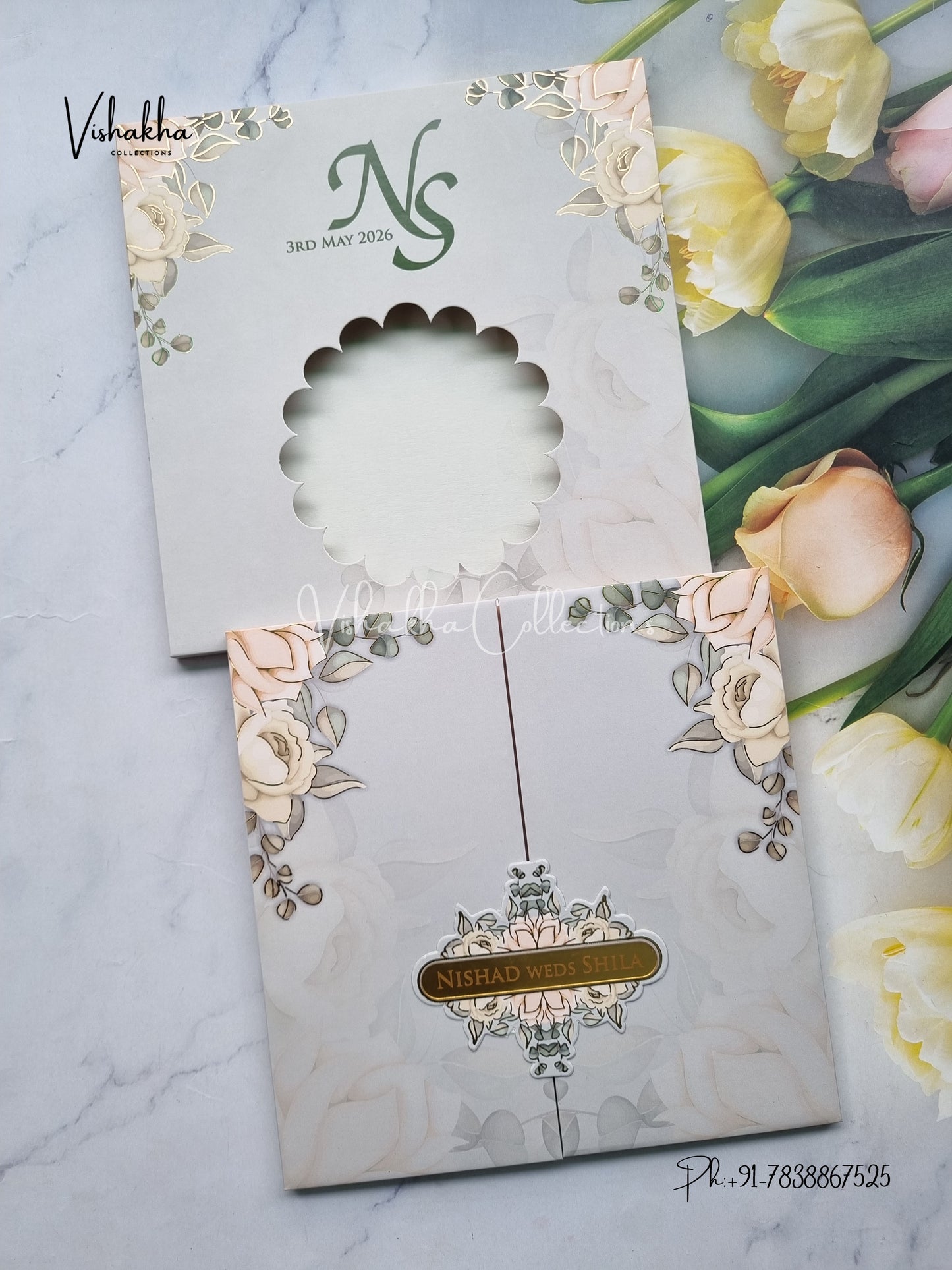 Flower Double Door Hindu Muslim Christian Sikh Padded Colored invitation Cards LN-524