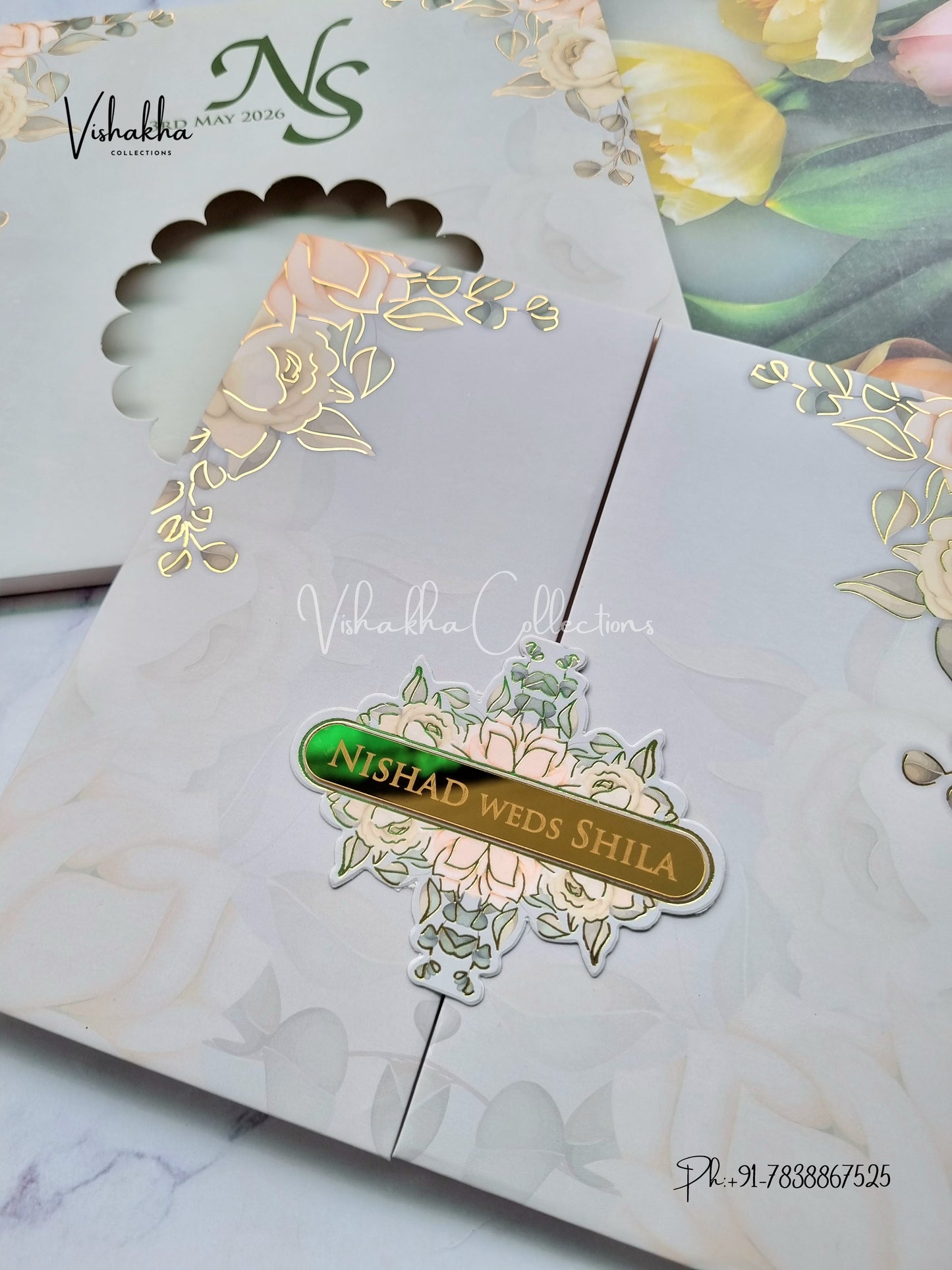 Flower Double Door Hindu Muslim Christian Sikh Padded Colored invitation Cards LN-524