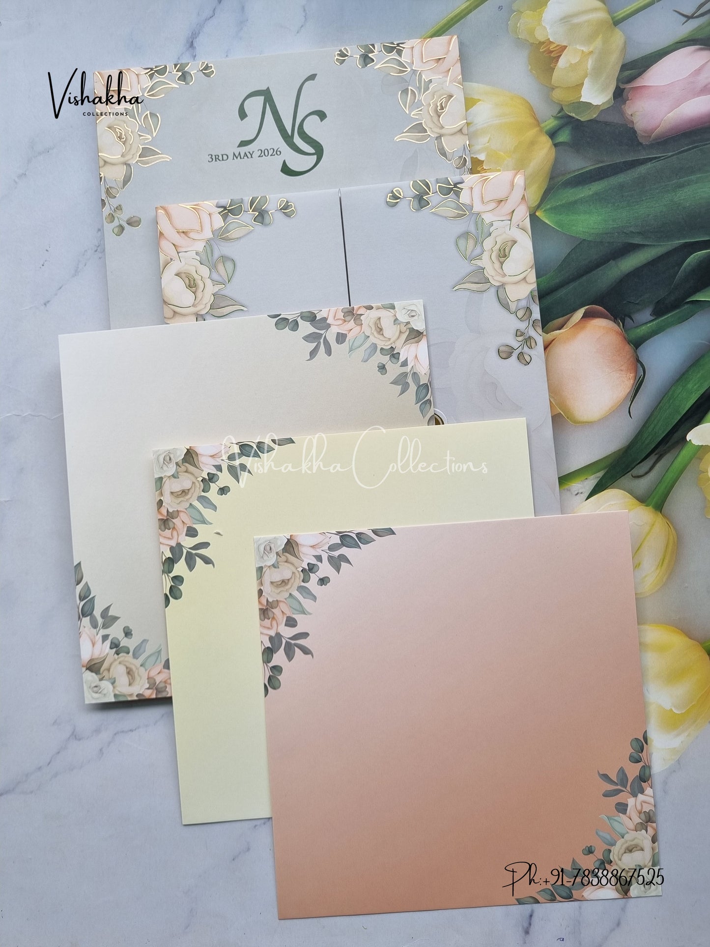 Flower Double Door Hindu Muslim Christian Sikh Padded Colored invitation Cards LN-524