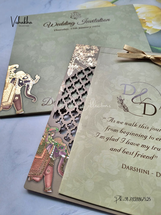 Hathi Dulah Dulhan Hindu Sikh MDF Board Laser Cut Colored invitation Cards LN-687