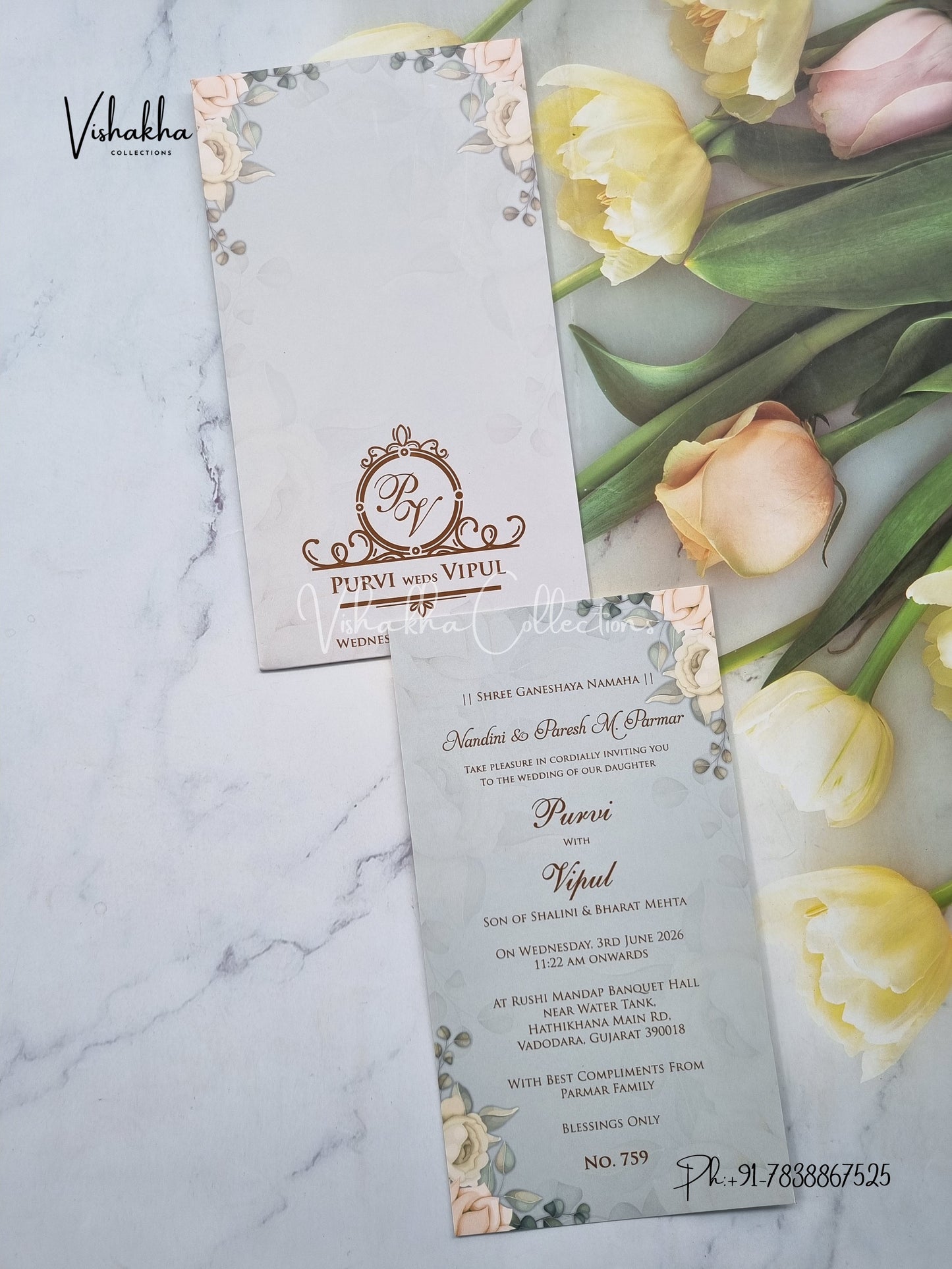 Single Insert Flower Hindu Muslim Christian Sikh Colored invitation Cards LN-759