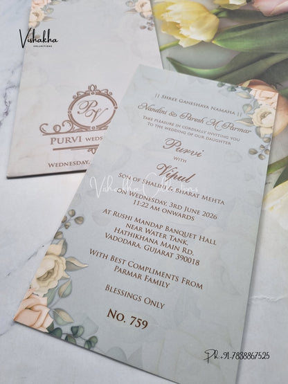 Single Insert Flower Hindu Muslim Christian Sikh Colored invitation Cards LN-759