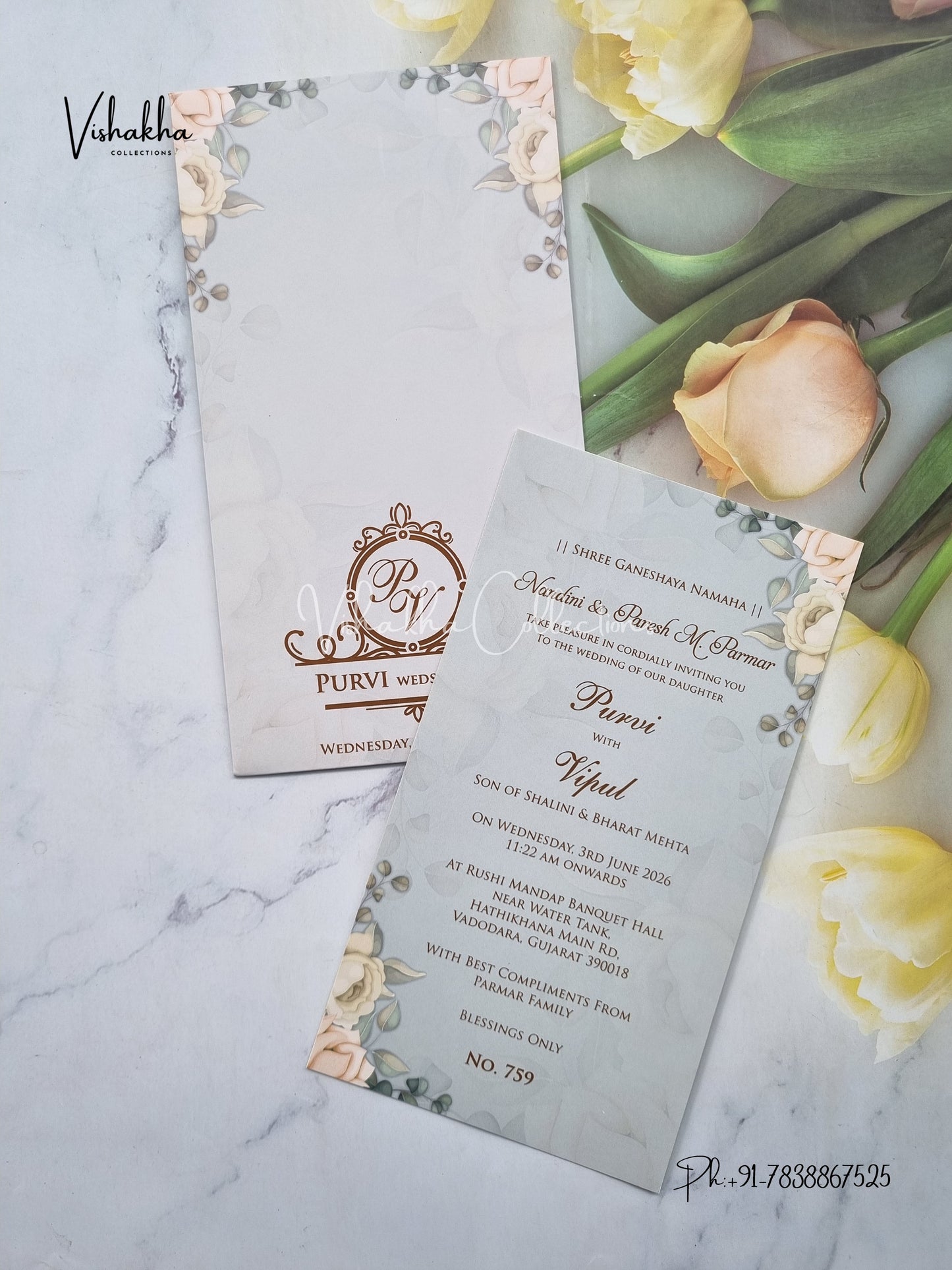 Single Insert Flower Hindu Muslim Christian Sikh Colored invitation Cards LN-759