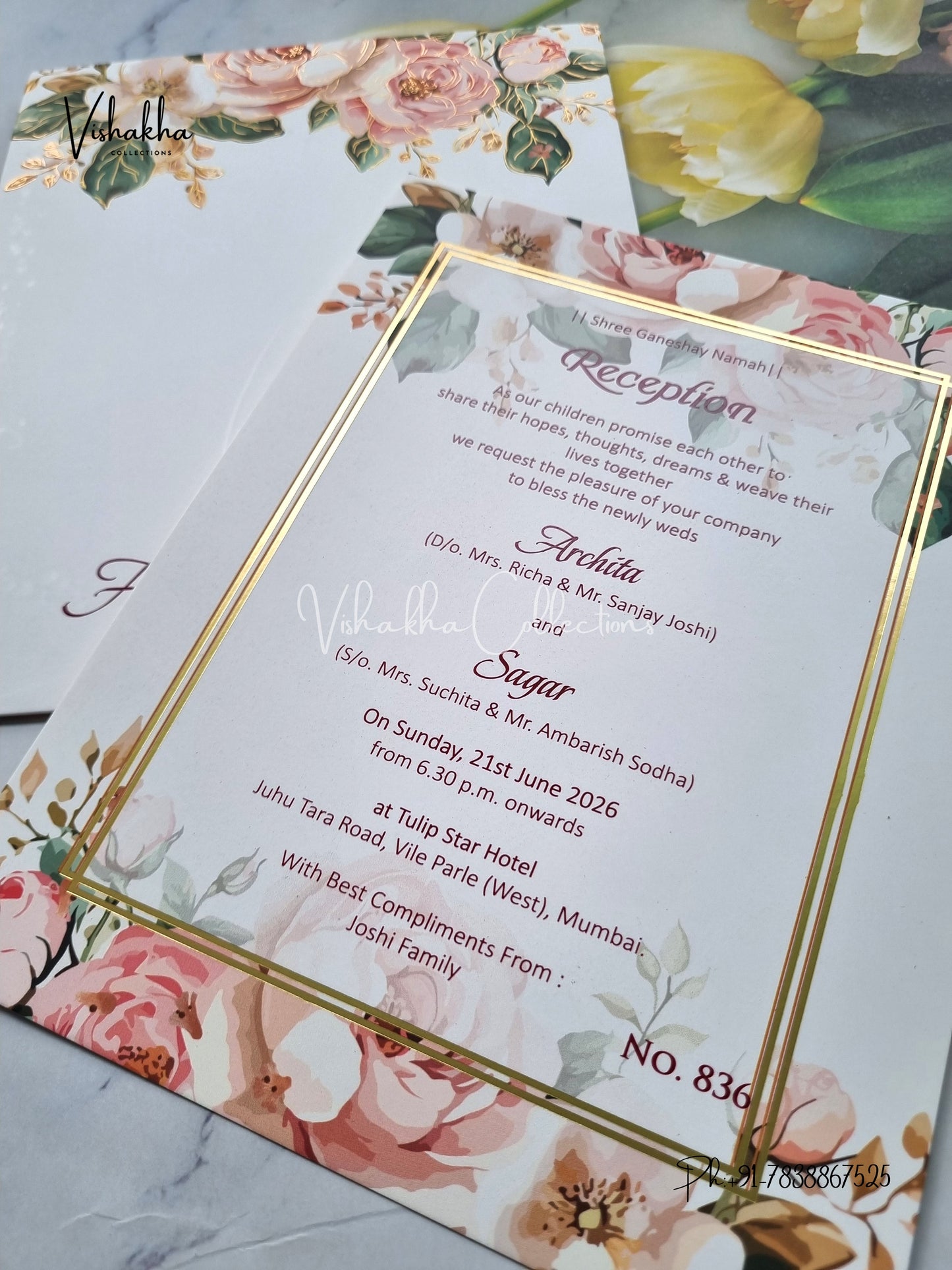 Single Insert Flower Hindu Muslim Christian Sikh Colored invitation Cards LN-836