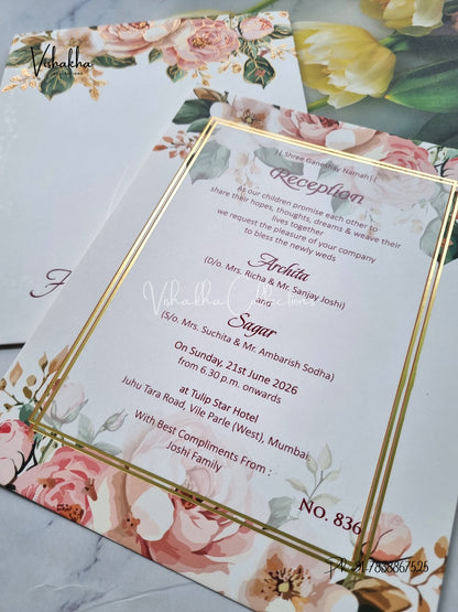 Single Insert Flower Hindu Muslim Christian Sikh Colored invitation Cards LN-836
