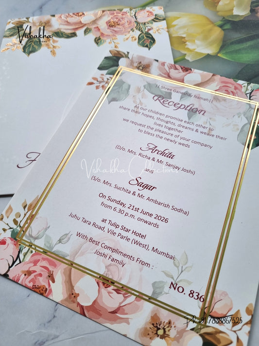 Single Insert Flower Hindu Muslim Christian Sikh Colored invitation Cards LN-836