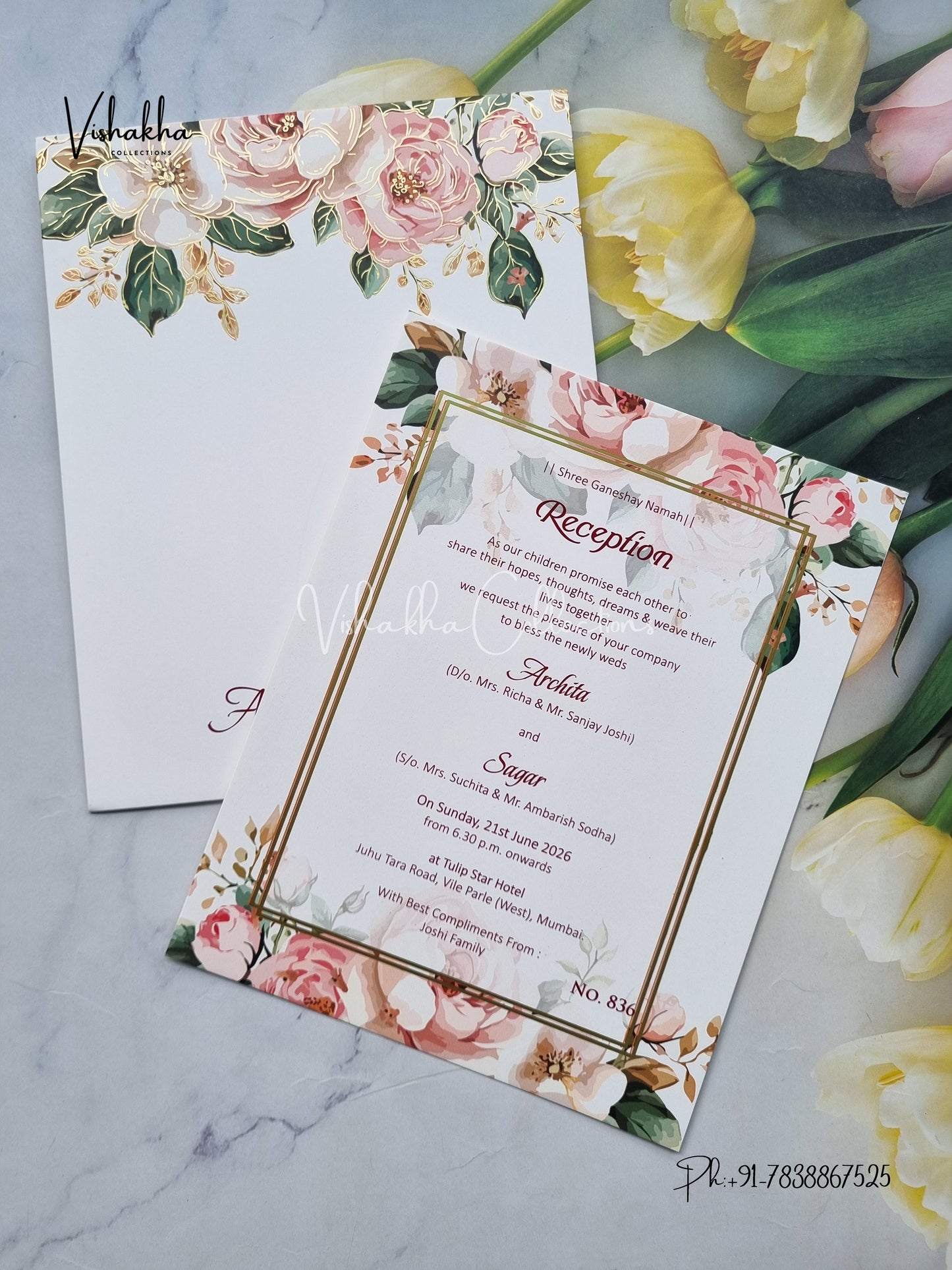 Single Insert Flower Hindu Muslim Christian Sikh Colored invitation Cards LN-836