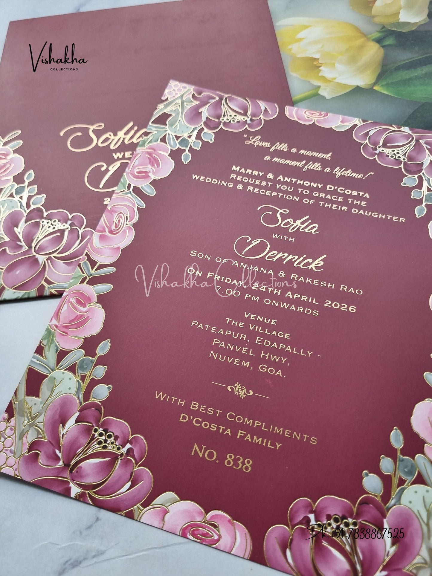 Single Insert Flower Hindu Muslim Christian Sikh Colored invitation Cards LN-838