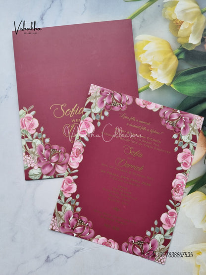 Single Insert Flower Hindu Muslim Christian Sikh Colored invitation Cards LN-838