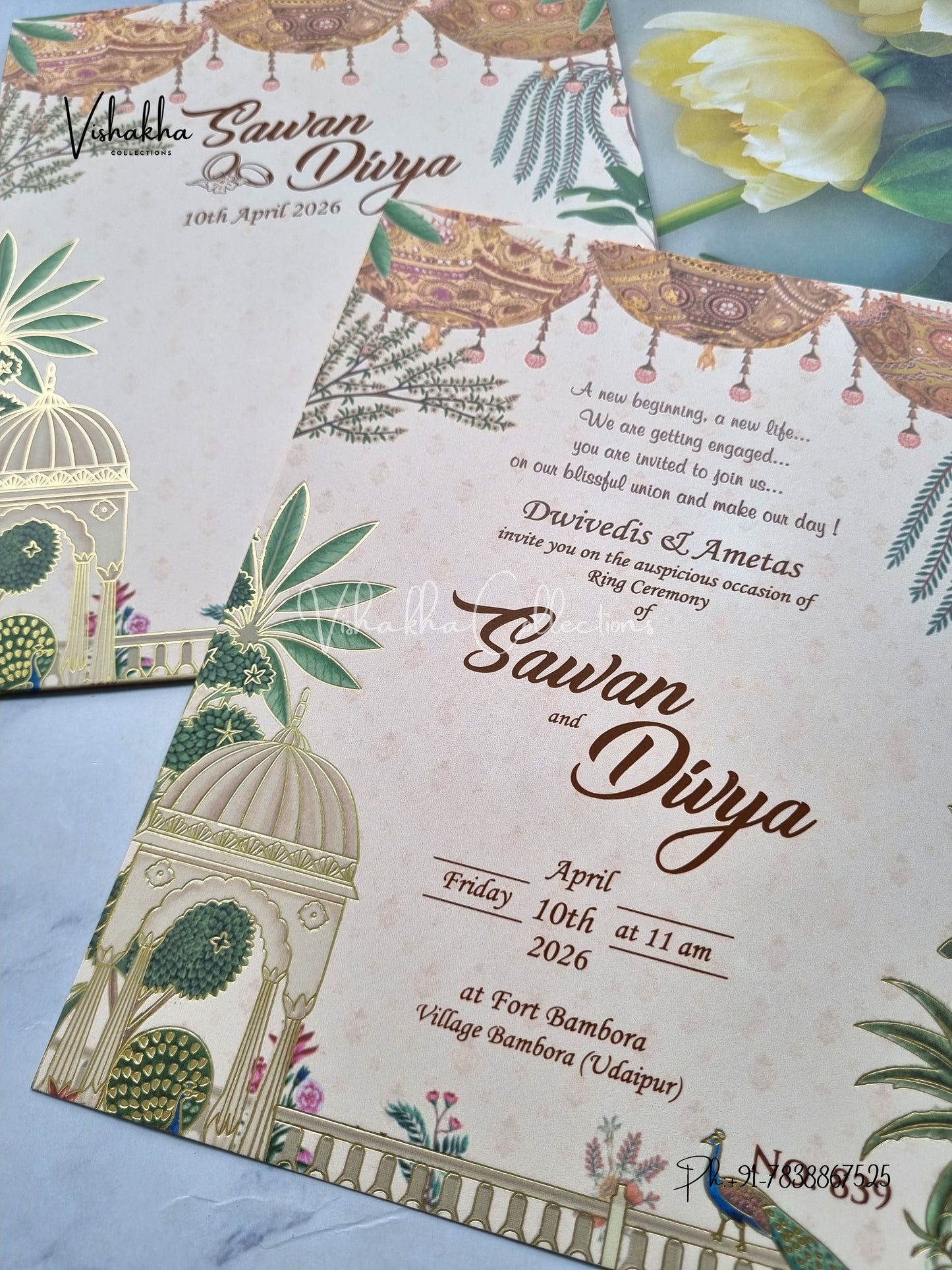 Single Insert Flower Hindu Muslim Christian Sikh Colored invitation Cards LN-839