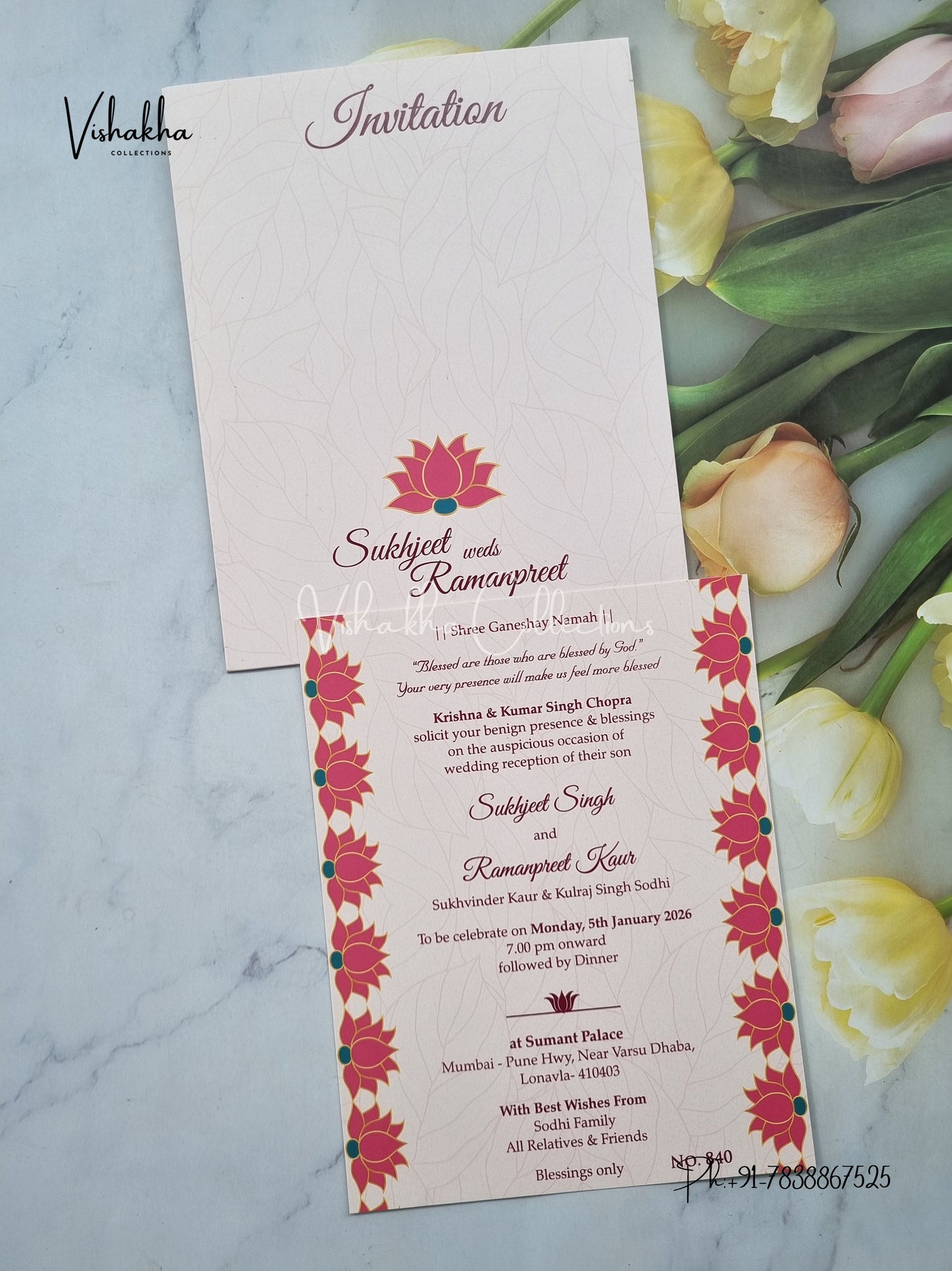 Single Insert Flower Hindu Muslim Christian Sikh invitation Cards LN-840