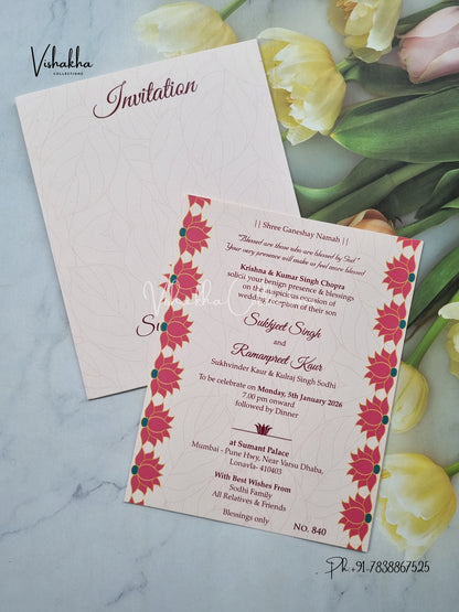 Single Insert Flower Hindu Muslim Christian Sikh invitation Cards LN-840