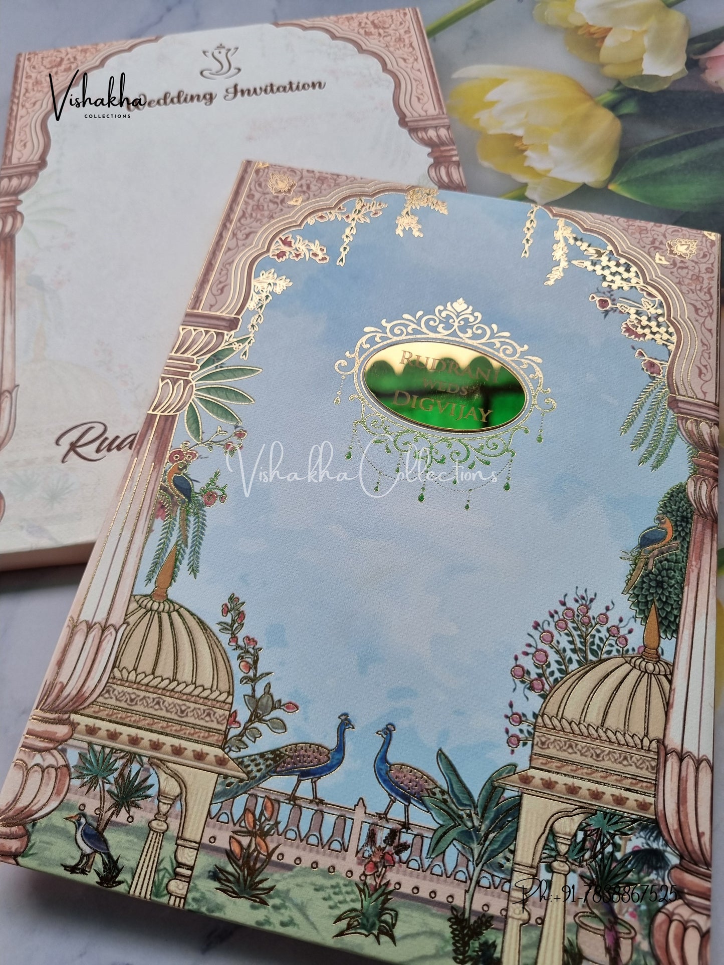 Peacock Flower Hindu Muslim Christian Sikh Padded Colored invitation Cards LN-841