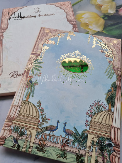 Peacock Flower Hindu Muslim Christian Sikh Padded Colored invitation Cards LN-841