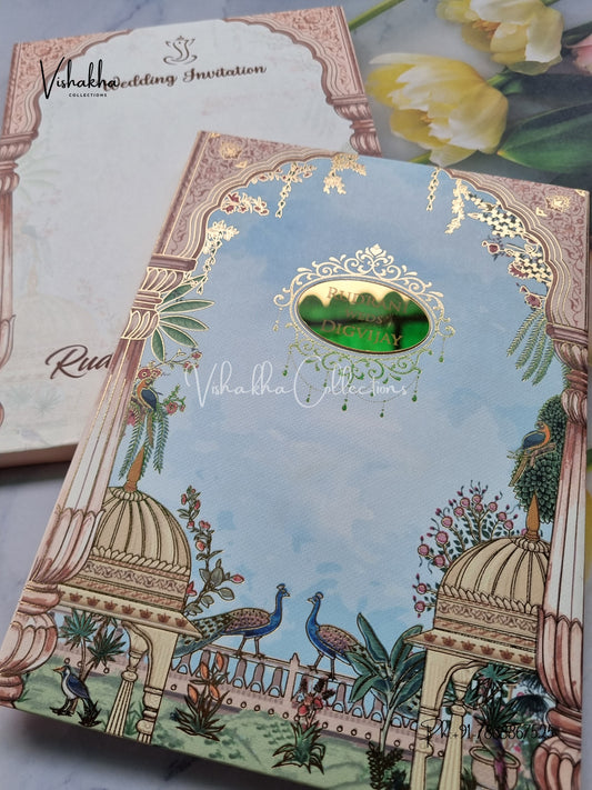 Peacock Flower Hindu Muslim Christian Sikh Padded Colored invitation Cards LN-841