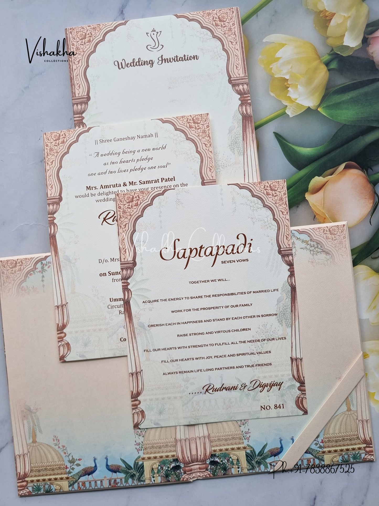 Peacock Flower Hindu Muslim Christian Sikh Padded Colored invitation Cards LN-841