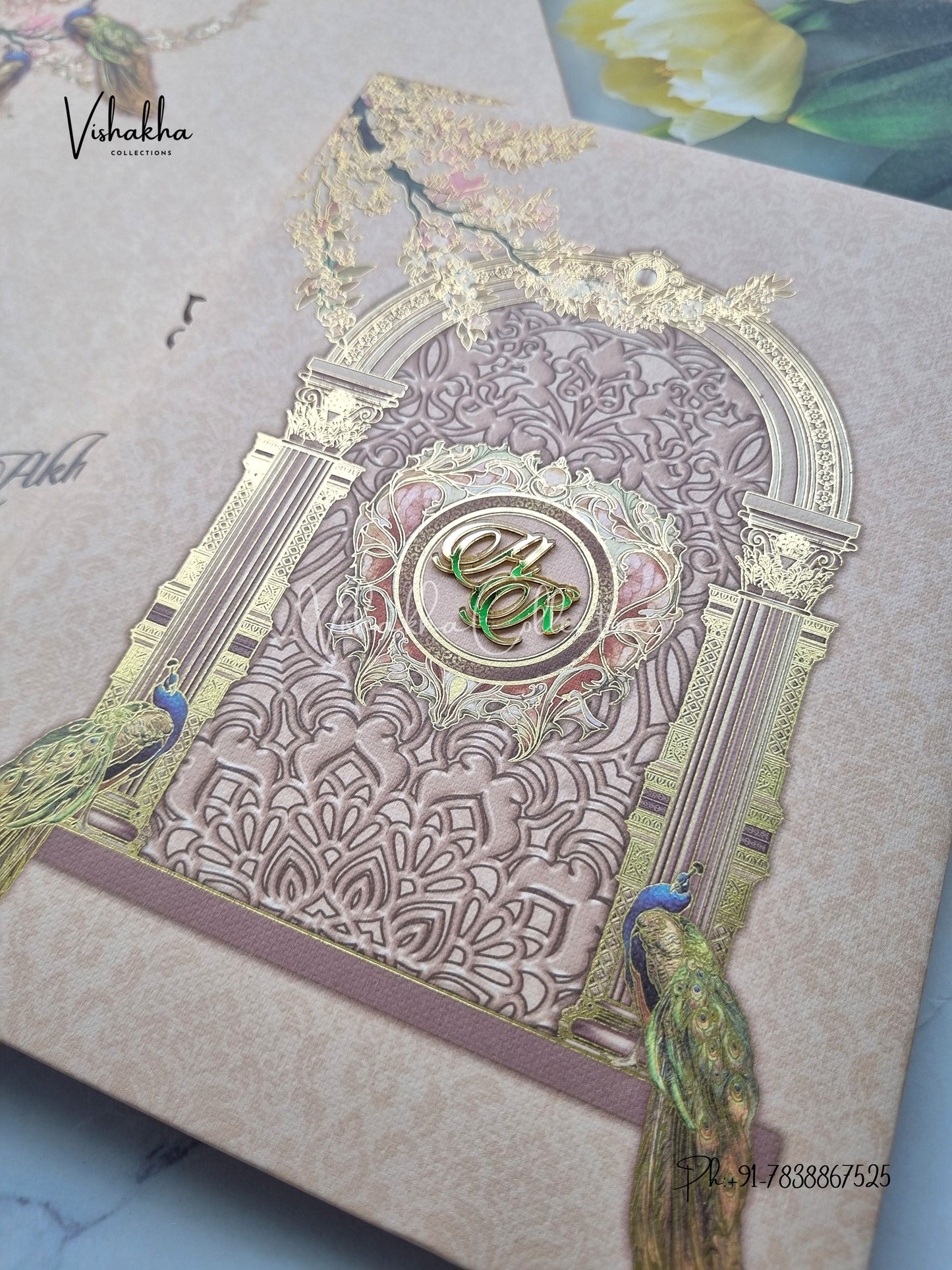 Peacock Flower Hindu Sikh Padded Colored invitation Cards LN-844