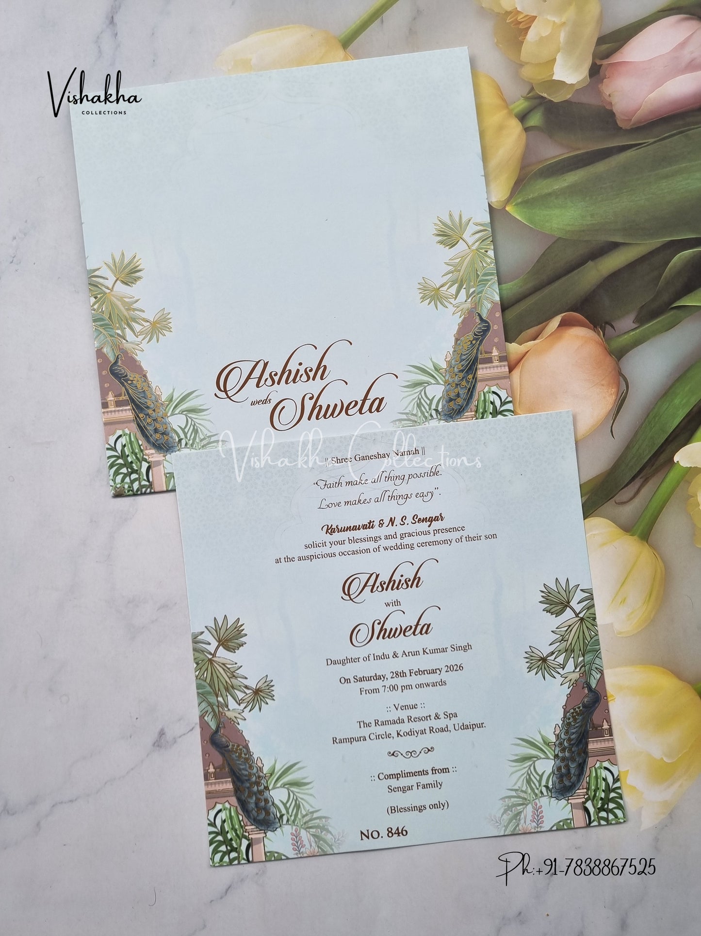 Peacock Flower Hindu Muslim Christian Sikh invitation Cards LN-846