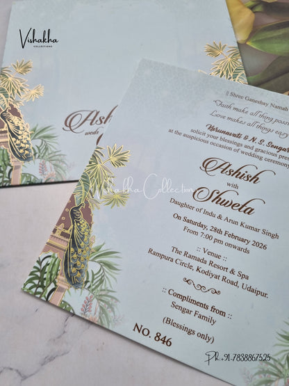 Peacock Flower Hindu Muslim Christian Sikh invitation Cards LN-846