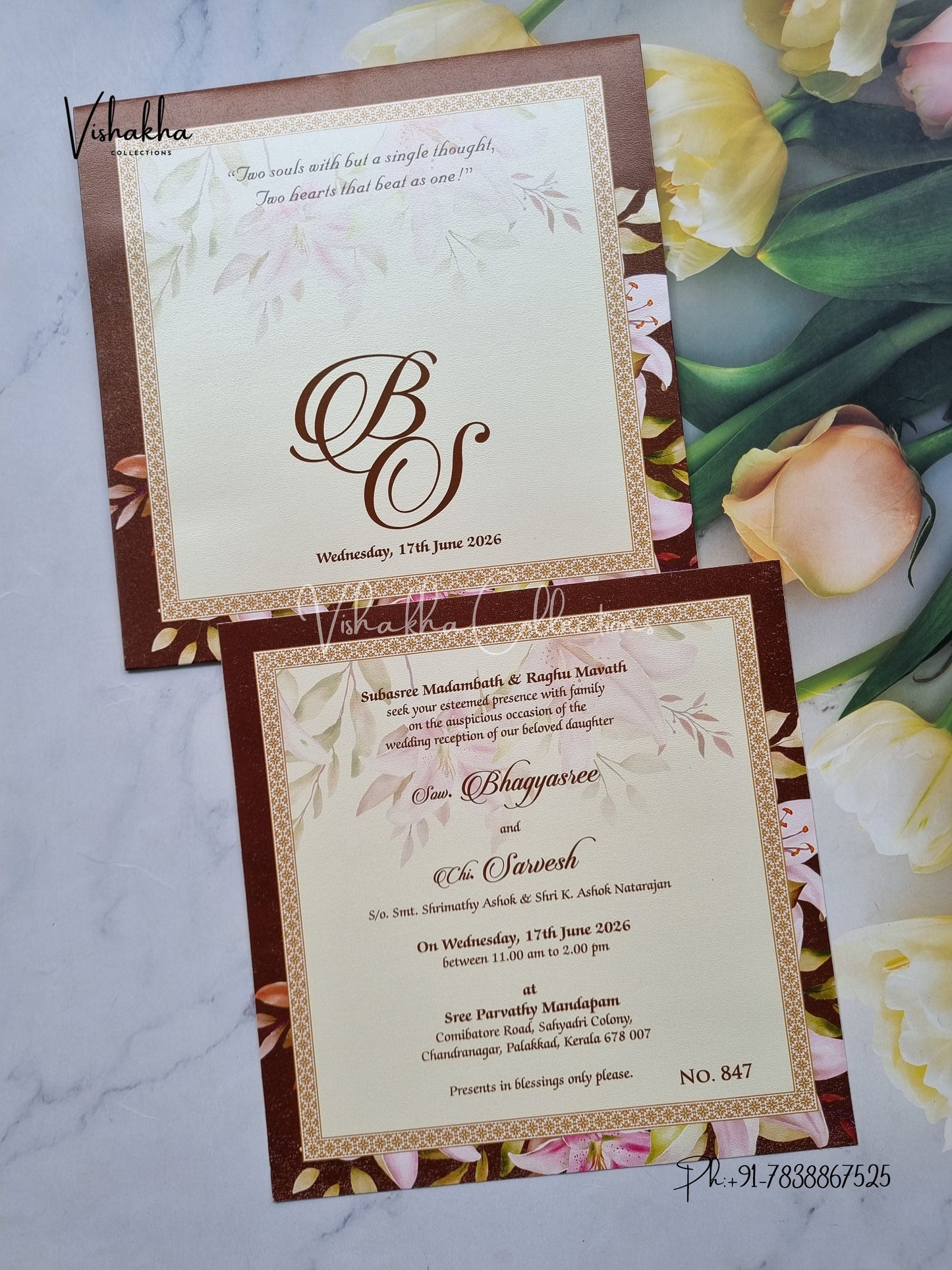 Single Insert Flower Hindu Muslim Christian Sikh Colored invitation Cards LN-847